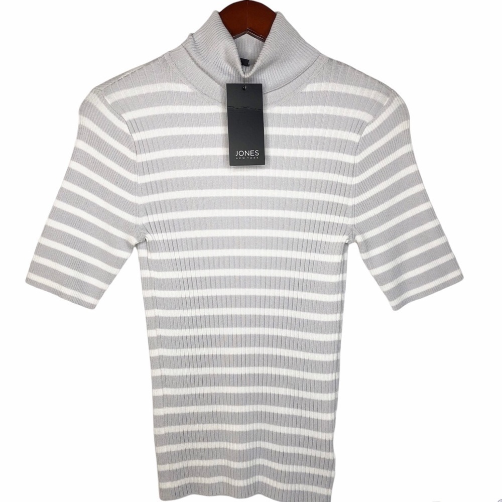 Jones NEW YORK NWT Striped Knit Turtleneck Top in Silver Grey Ivory Size Small